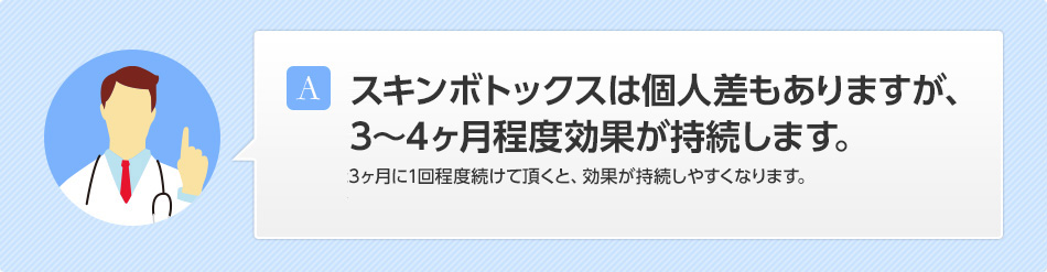 スキンボトックスは個人差もありますが、4～6ヶ月程度効果が持続します。3ヶ月に1回程度続けて頂くと、効果が持続しやすくなります。
