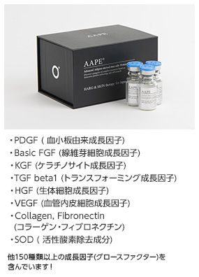 ・PDGF ( 血小板由来成長因子) ・Basic FGF (線維芽細胞成長因子) ・KGF (ケラチノサイト成長因子) ・TGF beta1 (トランスフォーミング成長因子) ・HGF (生体細胞成長因子) ・VEGF (血管内皮細胞成長因子) ・Collagen, Fibronectin (コラーゲン・フィブロネクチン) ・SOD ( 活性酸素除去成分) 他150種類以上の成長因子(グロースファクター)を含んでいます！