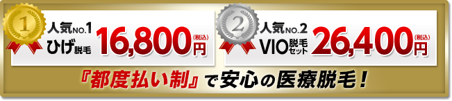 人気NO.1 ひげ脱毛16,800円(税込) 人気NO.2 VIO脱毛セット26,400円(税込)『都度払い制』だから安心!